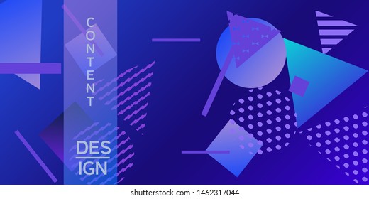 Geometric blue abstract background with trendy isometric shapes. Minimal universal banner templates in memphis style. Dynamic composition. Vector illustration.
