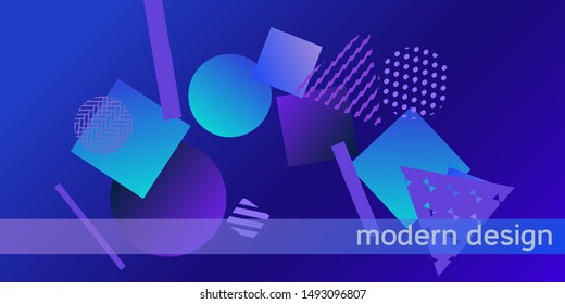 Geometric blue abstract background with trendy isometric shapes. Minimal universal banner templates in memphis style. Minimalistic blue background design with dynamic shapes. Vector illustration.