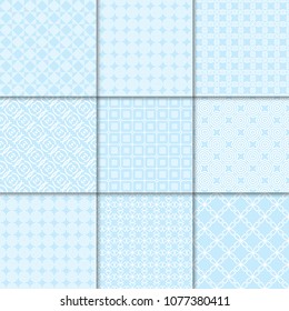 Geometric blue abstract seamless patterns. Backgrounds for wallpapers, textile