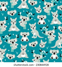 Geometric blue australian kangaroo and koala bear kids illustration background pattern in vector