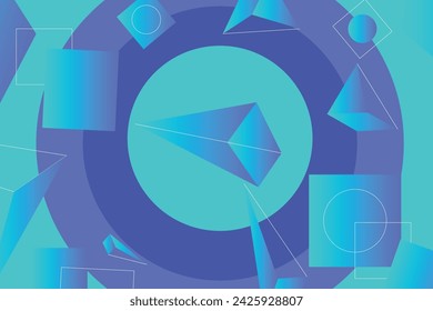 Geometric blue background with azure and violet gradient elements. The composition combines various triangle and rectangle shapes, lines and colors