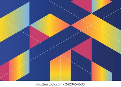 Geometric blue background with bright gradient elements. The composition combines various triangle shapes, lines and colors