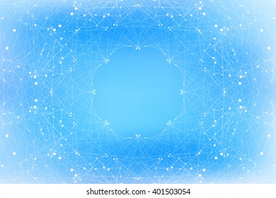 Geometric blue background molecule and communication . Connected lines with dots. Vector illustration.