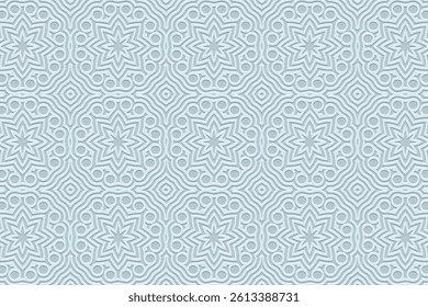 Geometric blue background, tribal cover design, banner for design. Ethnic elegant 3D pattern, art deco. Relief ornaments, arabesques, mandala. Motives of the East, Asia, India, Mexico, Aztec, Peru.