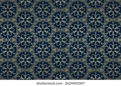 Geometric blue background, tribal cover design, banner. Ethnic golden elegant 3D pattern, gold texture. Ornaments, arabesques, mandala. Motifs of the East, Asia, India, Mexico, Aztec, Peru.