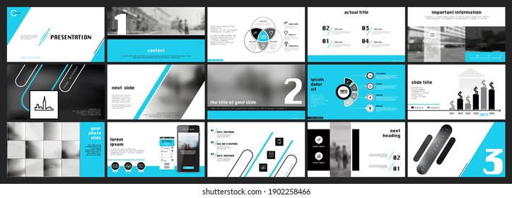 Geometric blue business presentation, powerpoint, elements design, infographic template on white background, set. New technologies. Use in flyers SEO-marketing, webinar, website, banner, annual report