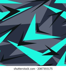 Geometric blue camouflage seamless pattern with mesh elements. Abstract modern camouflage texture background. Template for printing sports vinyl wrap. Vector illustration	