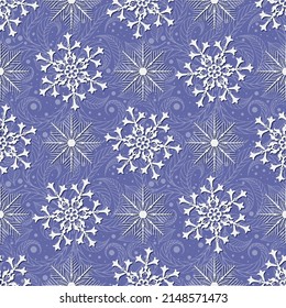 Geometric blue Christmas seamless pattern with snowflakes on floral background. Vector eps 10