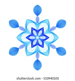 Geometric Blue Hexagonal Snowflake on White Background. Circular Patterned Ornament. 
