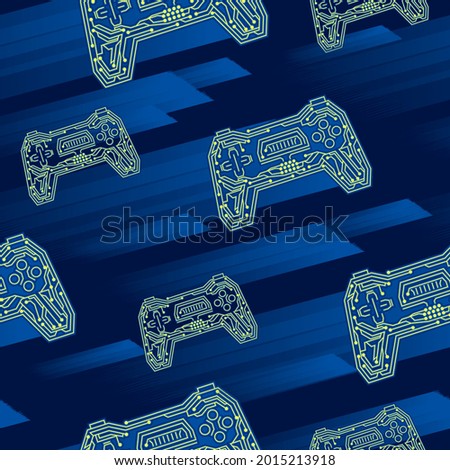 Geometric Blue monochrome repeat background with seamless outline gamepads pattern. Micro circuits game pad repeated ornament. 