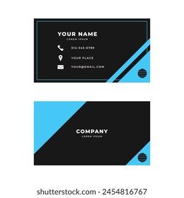 Geometric blue on black business card template. Double sided design with diagonal shapes.