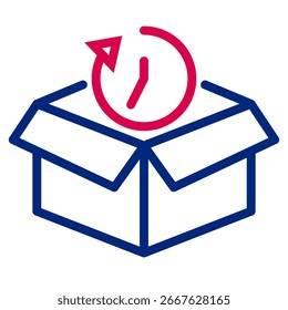 Caixa aberta azul geométrica com um relógio vermelho e contorno de seta acima simboliza entrega acelerada ou devoluções em um estilo limpo, moderno perfeito para logística e marketing orientado a serviços.