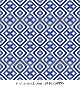 Geometric Blue Pixel Art Seamless Pattern on White Background. Vector design for wallpaper and background