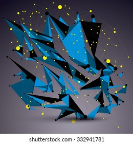 Estructura poligonal geométrica azul con malla de líneas amarillas, elemento de ciencia y tecnología de encaje moderno vectorial.