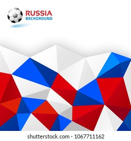 Geometric blue red white abstract bright background. Russia flag colors 2018. Soccer ball icon. Vector illustration. 