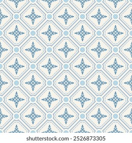 Kikkō Geometric Blue Reflecting Harmony and Balance in Design on Light Beige Background. Seamless Pattern Vector. Shoji, Kumiko, tea ceremony, handbags, clutches, Fans, Papers, Wrapping, Garment. 