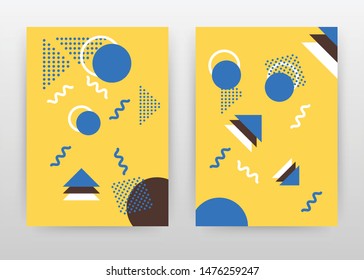 Geometric blue rounds with dotted arrows, waved lines and arrows design for annual report, brochure, flyer, poster. Geometric yellow background. Abstract A4 brochure template. Vector illustration.