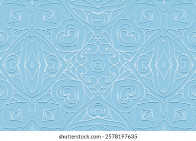 Geometric blue satin background, tribal design cover, banner. Openwork artistic 3d pattern, embossing, vintage. Ethnic texture, ornaments, arabesques, mandala of the East, Asia, India, Mexico, Aztec