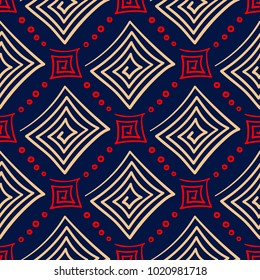 Geometric blue seamless background. Colored red and beige pattern for wallpapers, textile and fabrics