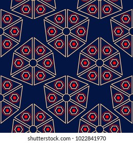 Geometric blue seamless background. Colored red and beige pattern. Design for wallpapers and textile