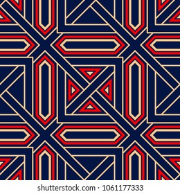 Geometric blue seamless background. Colored red and beige pattern for wallpapers, textile and fabrics