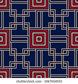 Geometric blue seamless background. Colored red and beige pattern. Design for wallpapers and textile