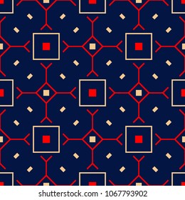 Geometric blue seamless background. Colored red and beige pattern for wallpapers, textile and fabrics