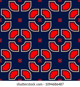 Geometric blue seamless background. Colored red and beige pattern for wallpapers, textile and fabrics
