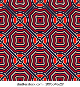 Geometric blue seamless background. Colored red and beige pattern. Design for wallpapers and textile