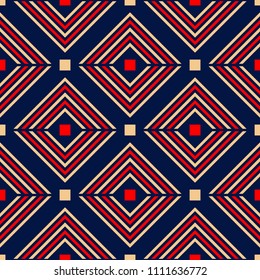 Geometric blue seamless background. Colored red and beige pattern. Design for wallpapers and textile