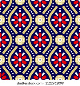 Geometric blue seamless background. Colored red and beige pattern
