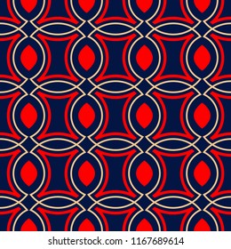 Geometric blue seamless background. Colored red and beige pattern. Design for wallpapers and textile
