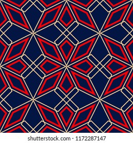 Geometric blue seamless background. Colored red and beige pattern. Design for wallpapers and textile