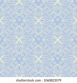 Geometric blue seamless pattern with beige and pink elements, for wallpapers, textile and fabrics