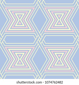 Geometric blue seamless pattern with beige and pink elements, for wallpapers, textile and fabrics