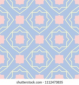 Geometric blue seamless pattern with beige and pink elements, for wallpapers, textile and fabrics
