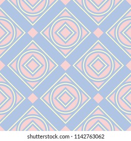 Geometric blue seamless pattern with beige and pink elements, for wallpapers, textile and fabrics