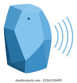 Geometric blue smart tracker emitting signal waves, indicating active searching mode for lost items