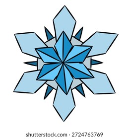 A geometric blue snowflake with layered diamonds forms a symmetrical, star-like pattern.