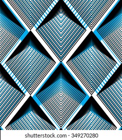 Geometric blue stripy overlay seamless pattern, bright vector abstract background. Graphic symmetric ornament.