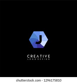 geometric blue technology hexagonal J logo letter design concept