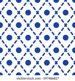 Geometric blue and white minimalistic vector pattern. Circles and dashed rhombuses background.