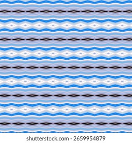 Geometric blue and white seamless wave pattern with diamond shapes and symmetry.
