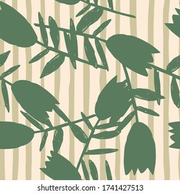 Geometric bluebell flowers seamless pattern on stripes background. Abstract floral endless wallpaper. Decorative backdrop for fabric design, textile print, wrapping paper, cover. Vector illustration