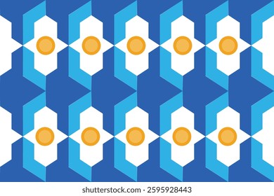 Geometric blue-white pattern with hexagon shapes and yellow circles, featuring a modern futuristic style.