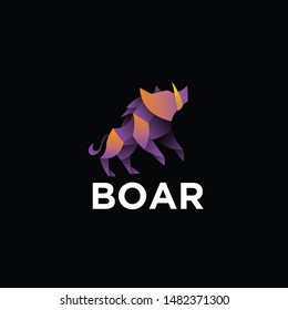 geometric boar logo design vector, combined purple and little bit orange  color in black background. change able color and work well in both dark and light background