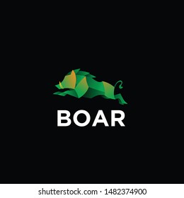 geometric boar logo design vector, combined green and little bit orange  color in black background. change able color and work well in both dark and light background