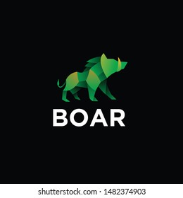 geometric boar logo design vector, combined green and little bit orange  color in black background. change able color and work well in both dark and light background