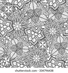 geometric boho seamless pattern, doodle flowers background design illustration, tile mandala texture decoration, ethnic abstract fabric ornament