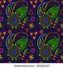 geometric boho seamless pattern, doodle flowers background design illustration, tile mandala texture decoration, ethnic abstract fabric ornament